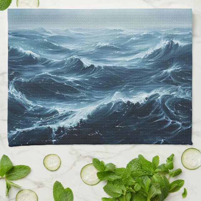 Rough Seas Ocean Waves Tea Towel (Folded)