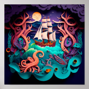 Rough ship Sea life background paper cut Poster