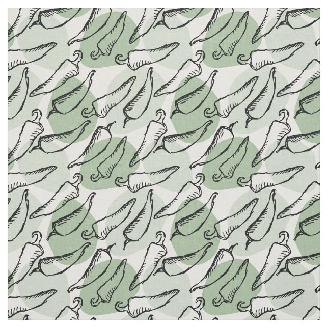 Rough Sketch Chile Peppers on Green Fabric (Swatch)