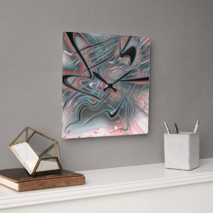 Rough wavy traces over pale salmon and grey blue square wall clock