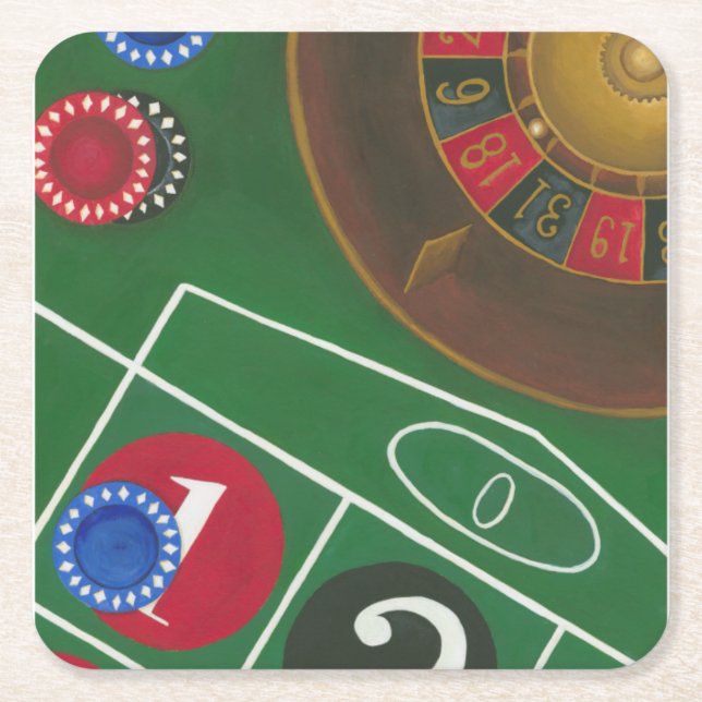 Roulette Table with Chips and Wheel Square Paper Coaster (Front)