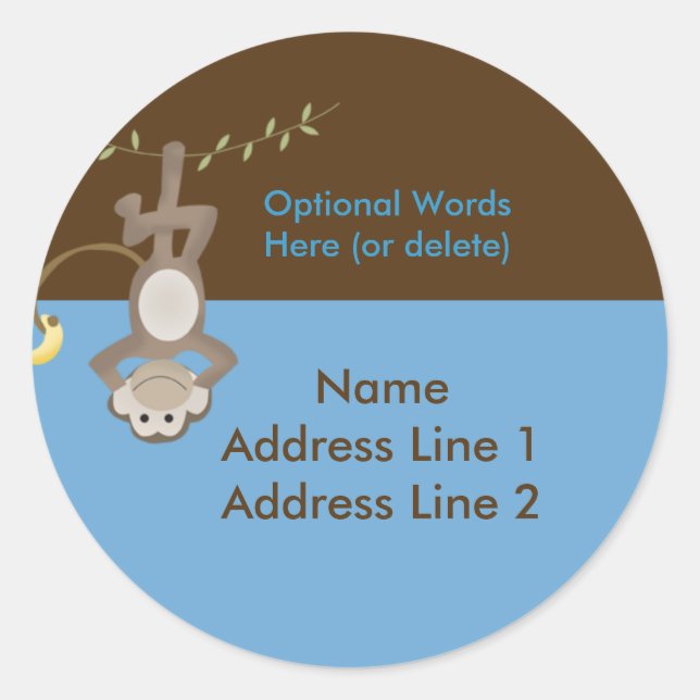 Round address label Monkey Around Blue & Brown (Front)