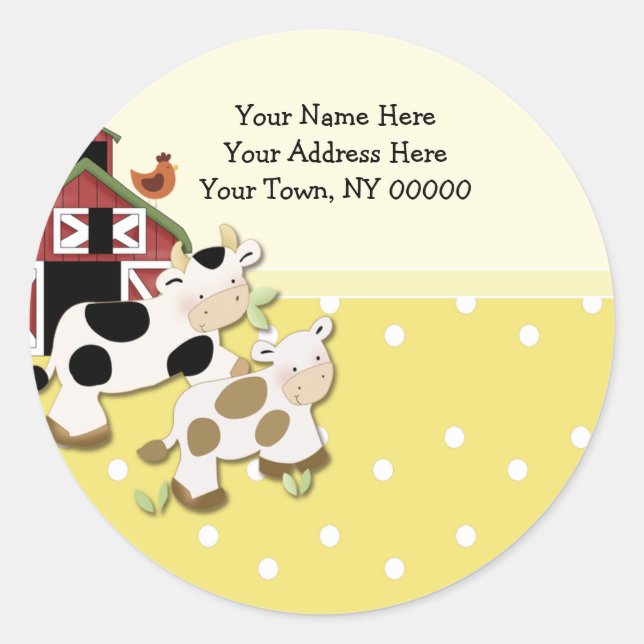 Round Address Labels Baby Moo Cow Yellow (Front)