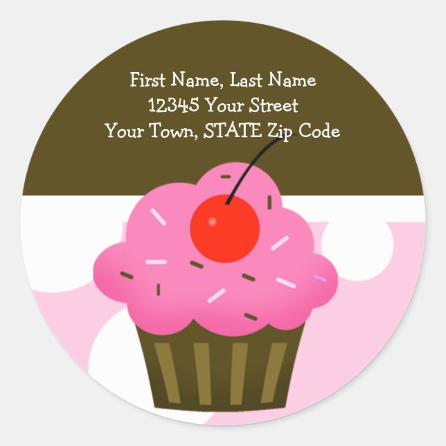 ROUND Address Labels Cherry Cupcake Brown/Pink (Front)