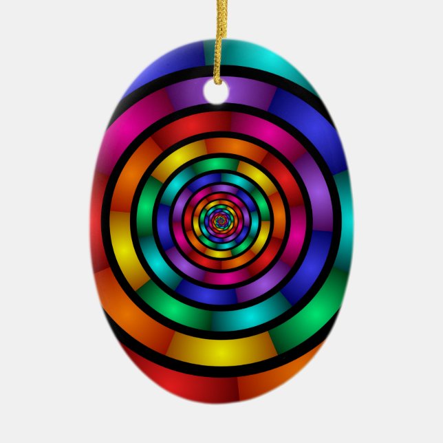 Round and Psychedelic Colourful Modern Fractal Art Ceramic Ornament (Front)