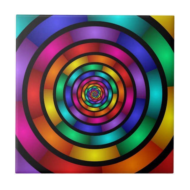 Round and Psychedelic Colourful Modern Fractal Art Ceramic Tile (Front)