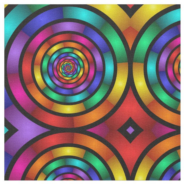Round and Psychedelic Colourful Modern Fractal Art Fabric (Close Up)