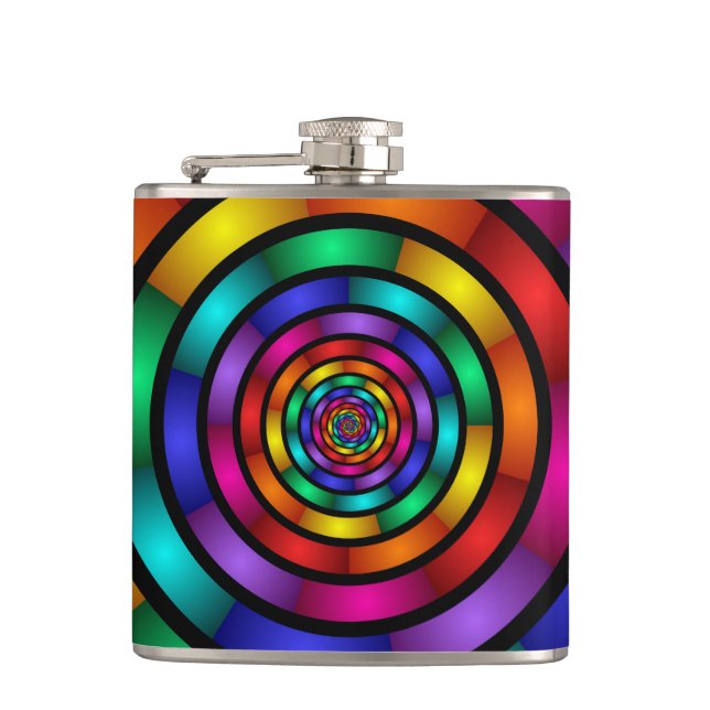 Round and Psychedelic Colourful Modern Fractal Art Hip Flask (Front)