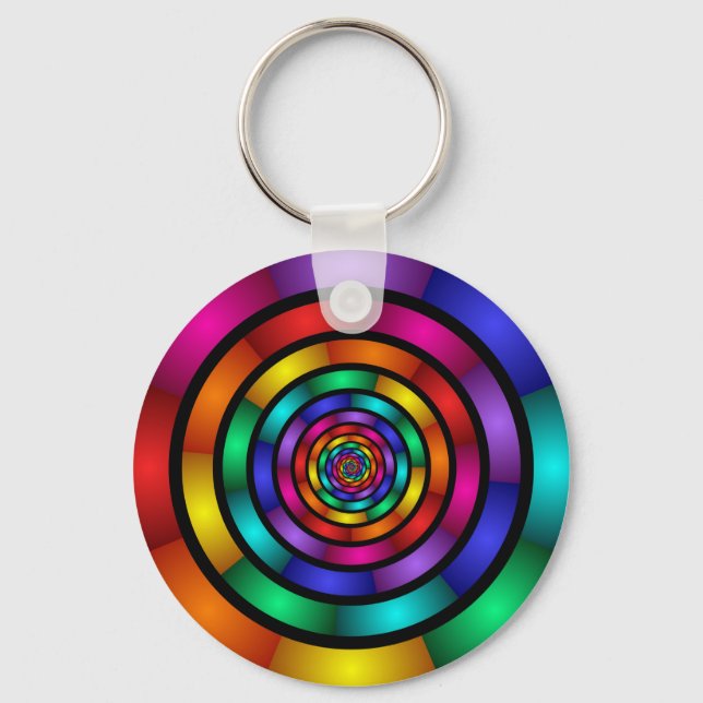 Round and Psychedelic Colourful Modern Fractal Art Key Ring (Front)