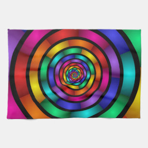 Round and Psychedelic Colourful Modern Fractal Art Tea Towel