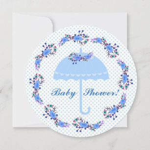 Round Baby Boy Shower Invitation, Blue Umbrella Invitation