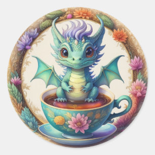 Round baby dragon in a teacup classic round sticker