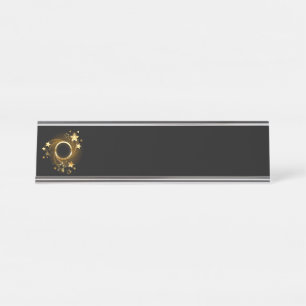 Round Banner with Gold Stars on Black Desk Name Plate