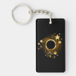 Round Banner with Gold Stars on Black Key Ring