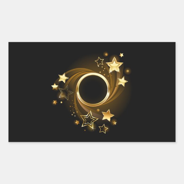 Round Banner with Gold Stars on Black Rectangular Sticker (Front)
