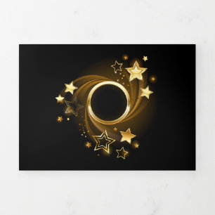 Round Banner with Gold Stars on Black Tri-Fold Holiday Card