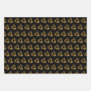 Round Banner with Gold Stars on Black Wrapping Paper Sheet