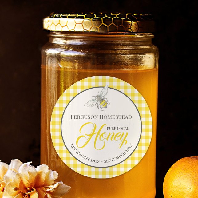 Round bee art honey yellow jar top label (Creator Uploaded)
