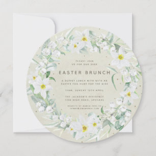 Round Beige + White Floral Wreath Easter Brunch Invitation