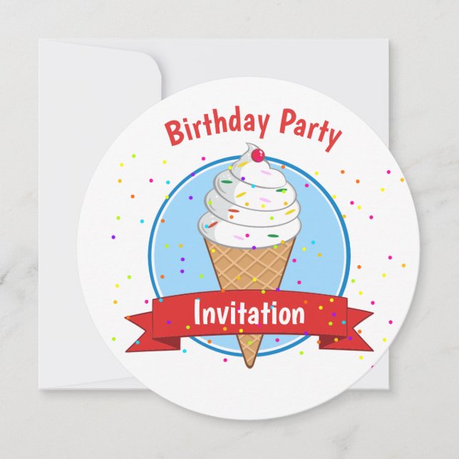 Round Birthday Party Invite Ice Cream Cone (Front)