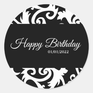 Round Black and White Damask Labels Stickers