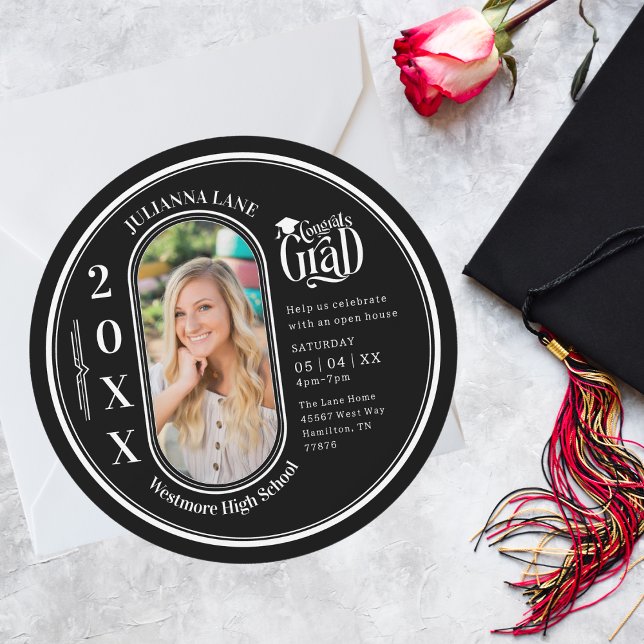 Round Black and White Graduation Photo Invitation (Round Black and White Photo Graduation Invitation Announcement Art Deco Retro)