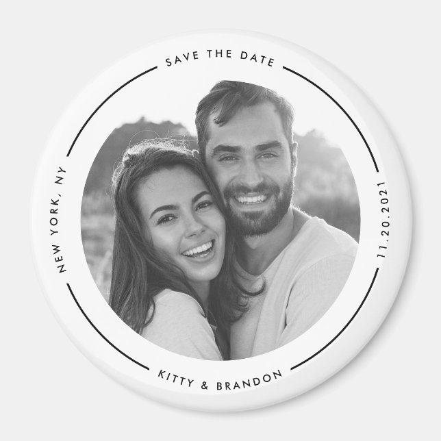 Round Black and White Save The Date With Photo Magnet (Front)