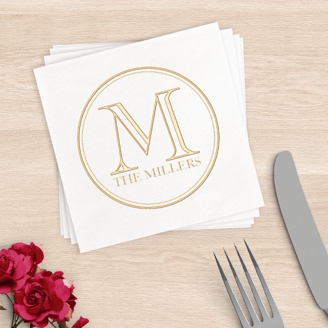Round Black Border Name Monogram Foil Napkins (Creator Uploaded)