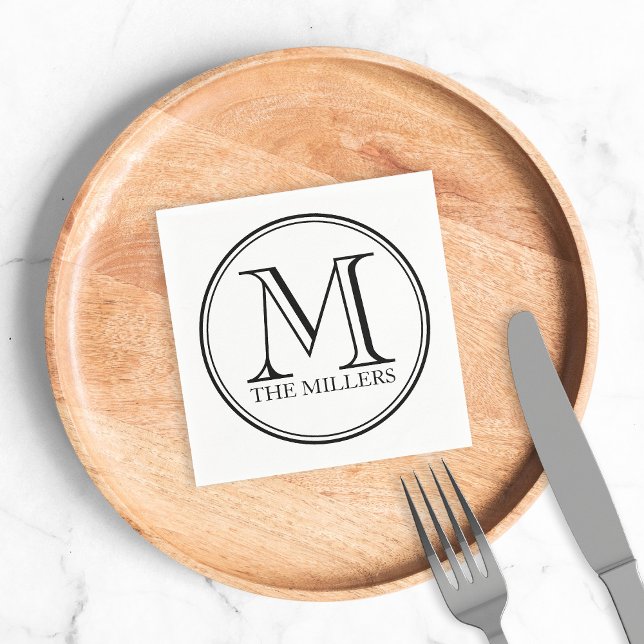 Round Black Border Name Monogram Napkin (Creator Uploaded)