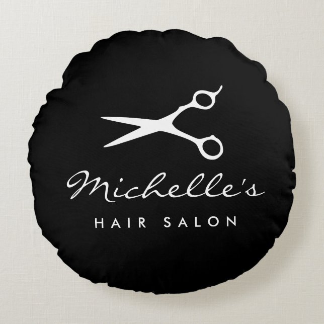 Round black custom hair salon throw pillow (Front)
