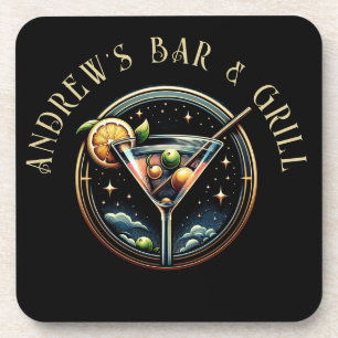 Round Black & Gold Martini Logo Bar & Grill Coaster