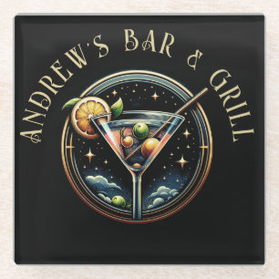 Round Black & Gold Martini Logo Bar & Grill Glass Coaster