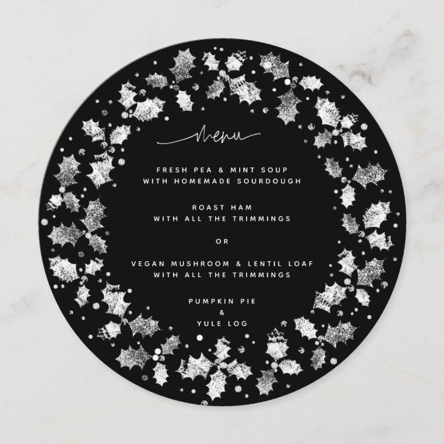 Round Black Hand Printed Holly Wreath Christmas Menu (Front)