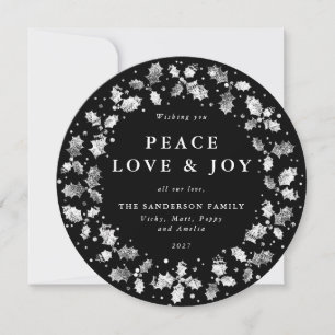 Round Black Holly Wreath Peace Love + Joy Holiday Card