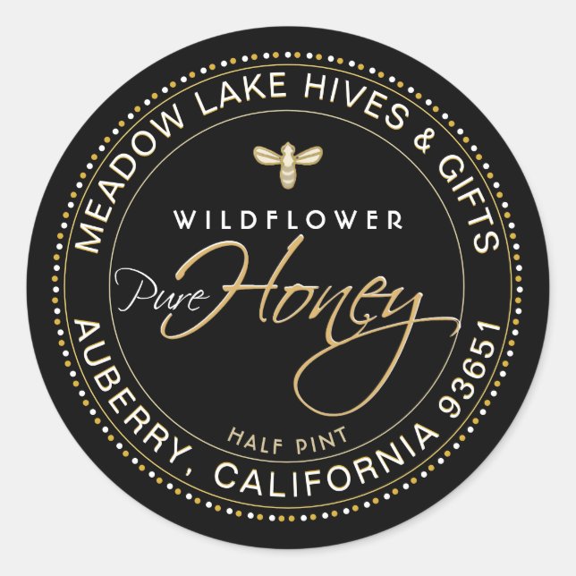 Round Black Honey Label Bee Dotted Gold Border  (Front)
