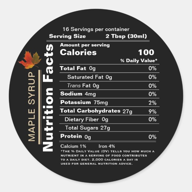 Round Black Maple Syrup Nutrition Facts with Leaf Classic Round Sticker (Front)