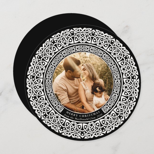 Round Black + Off White Celtic Holiday Photo Card (Front/Back)