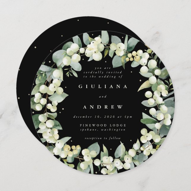 Round Black Snowberry+Eucalyptus Wreath Wedding Invitation (Front/Back)