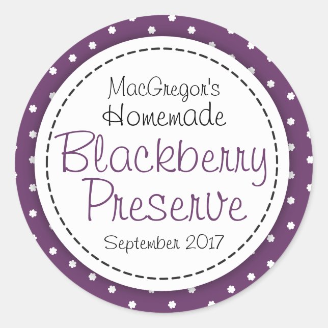 Round blackberry preserve or jam jar food label (Front)