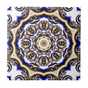 Round blue fractal pattern ceramic tile