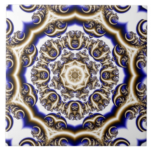 Round blue fractal pattern ceramic tile