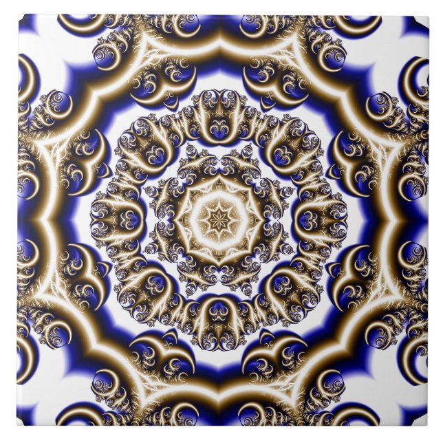 Round blue fractal pattern ceramic tile (Front)