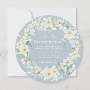 Round Blue + White Floral Wreath Easter Brunch Invitation