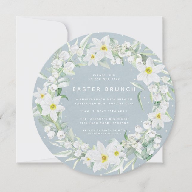 Round Blue + White Floral Wreath Easter Brunch Invitation (Front)