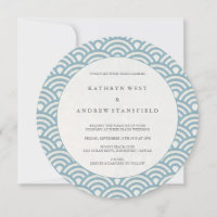 Round Blue + White Wave Pattern Wedding Invitation