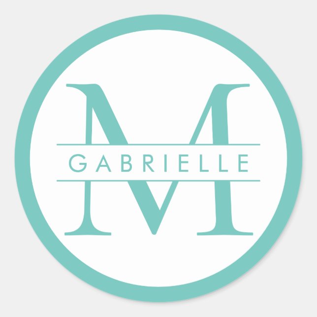 Round Border Monogram Favour Label - Turquoise (Front)