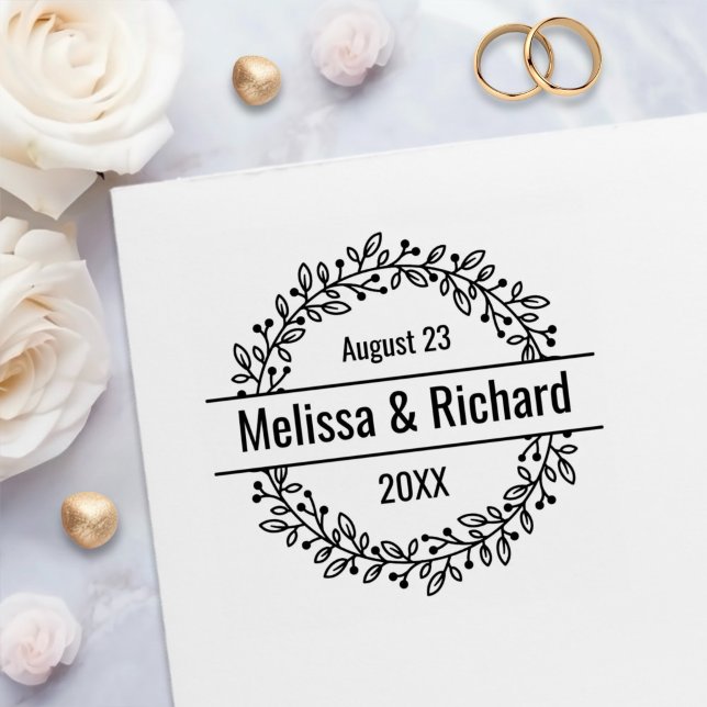 Round Botanical Berry Wreath Custom Names and Date Self-inking Stamp (Creator Uploaded)