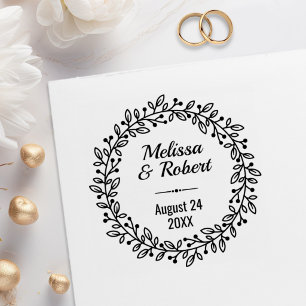 Round Botanical Berry Wreath Custom Names Date Rubber Stamp