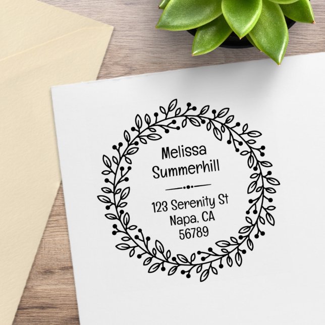 Round Botanical Berry Wreath Custom Return Address Rubber Stamp (Creator Uploaded)
