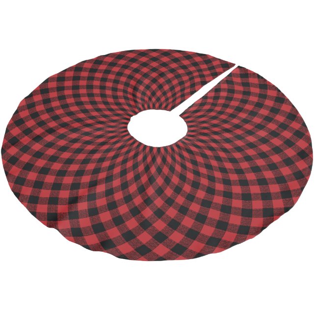 Round Buffalo Plaid Check Red Black Brushed Polyester Tree Skirt (Angled)